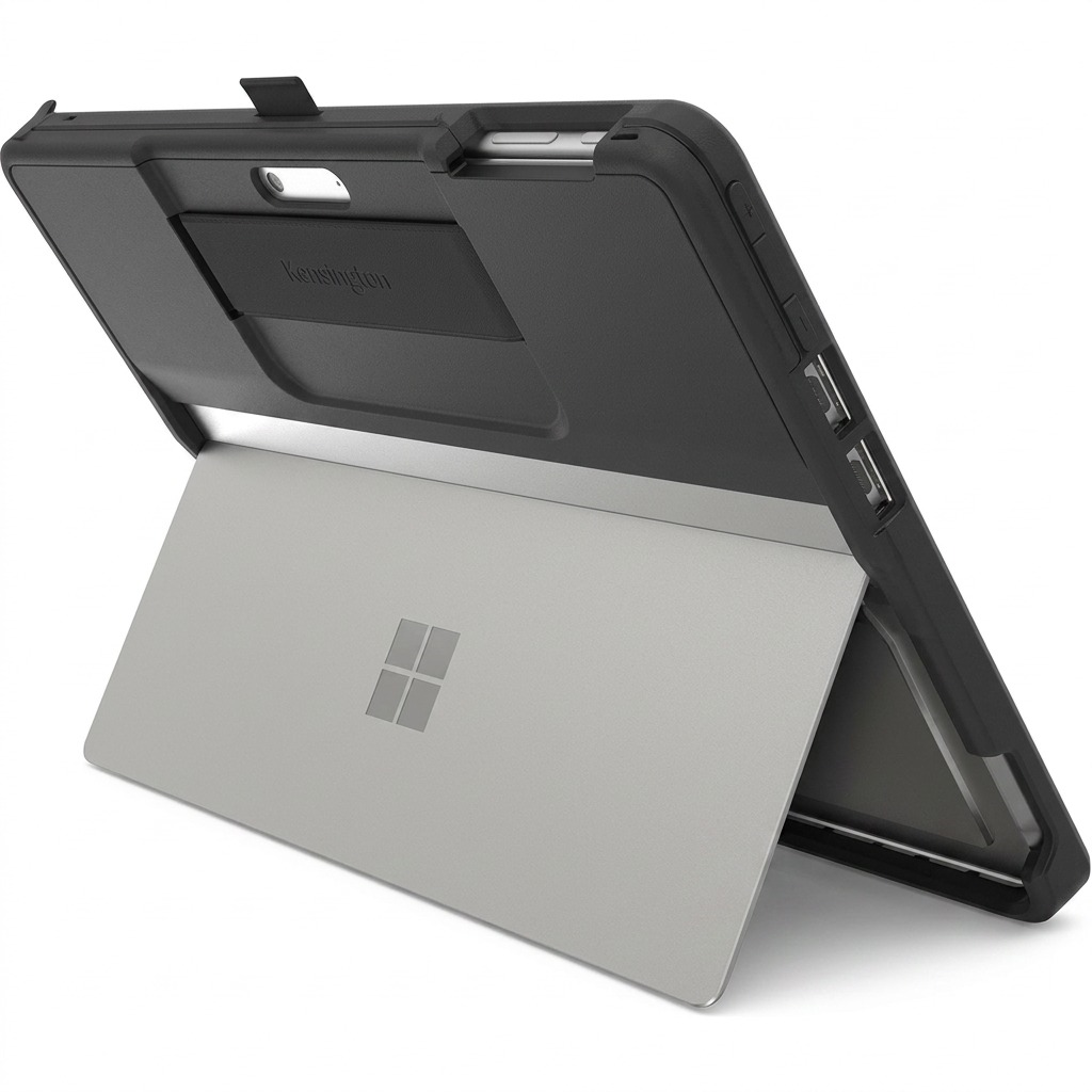 A crisp, high-resolution hero shot of the Kensington BlackBelt Surface Pro 9 black rugged case, resting on a clean white background.