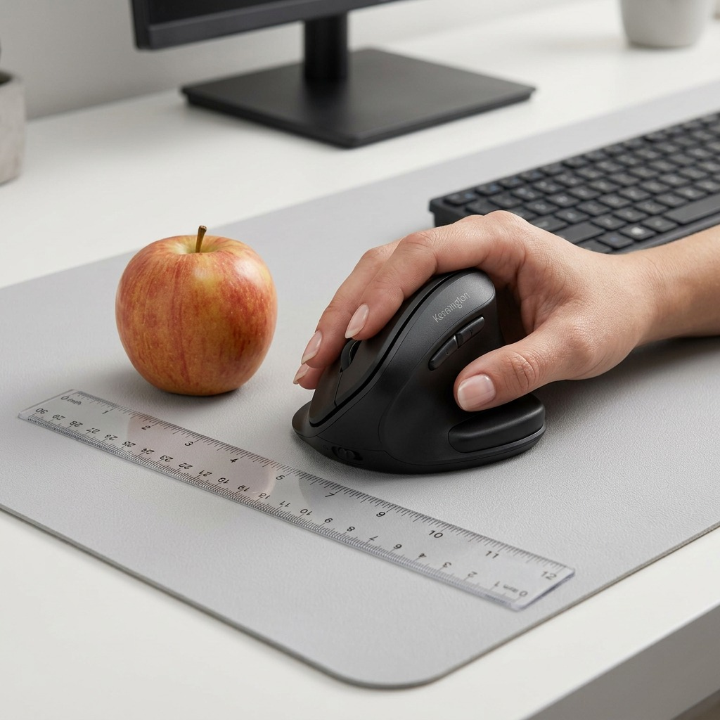 Kensington Pro Fit Ergo left-handed wireless mouse shown in hand next to a ruler and apple for scale.