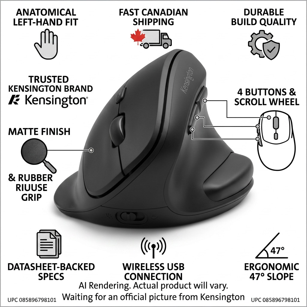 Infographic for Kensington Pro Fit Ergo Left-Handed Mouse highlighting its 47 degree slope, wireless USB, and matte finish.