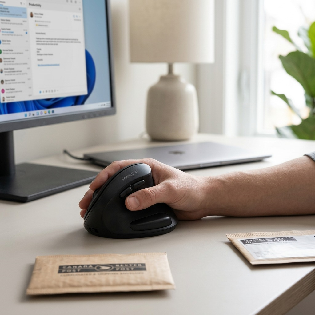 A left hand using the black Kensington Pro Fit Ergo Left-Handed Wireless Mouse on a clean desk.