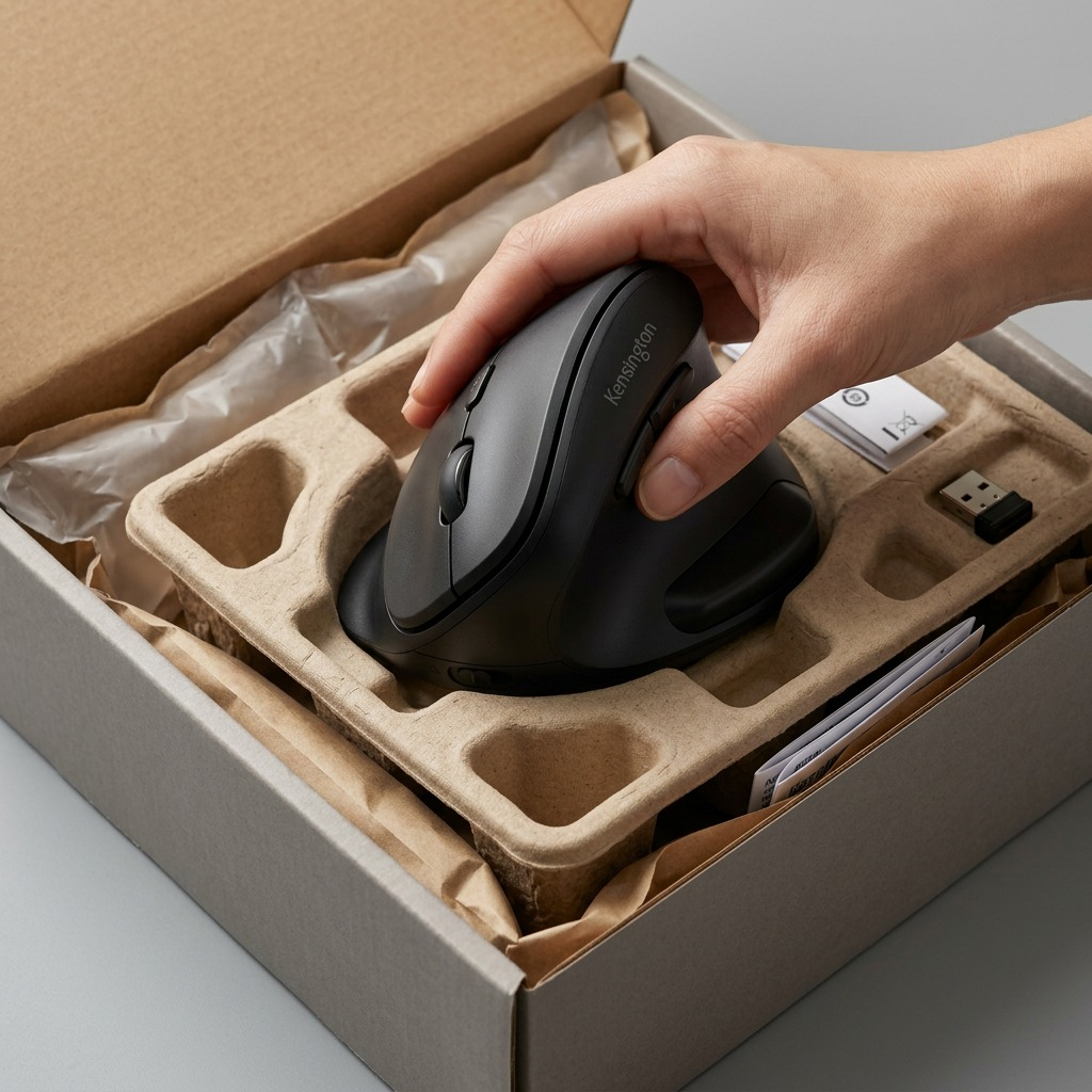 Unboxing the Kensington Pro Fit Ergo left-handed mouse from secure, protective cardboard packaging.