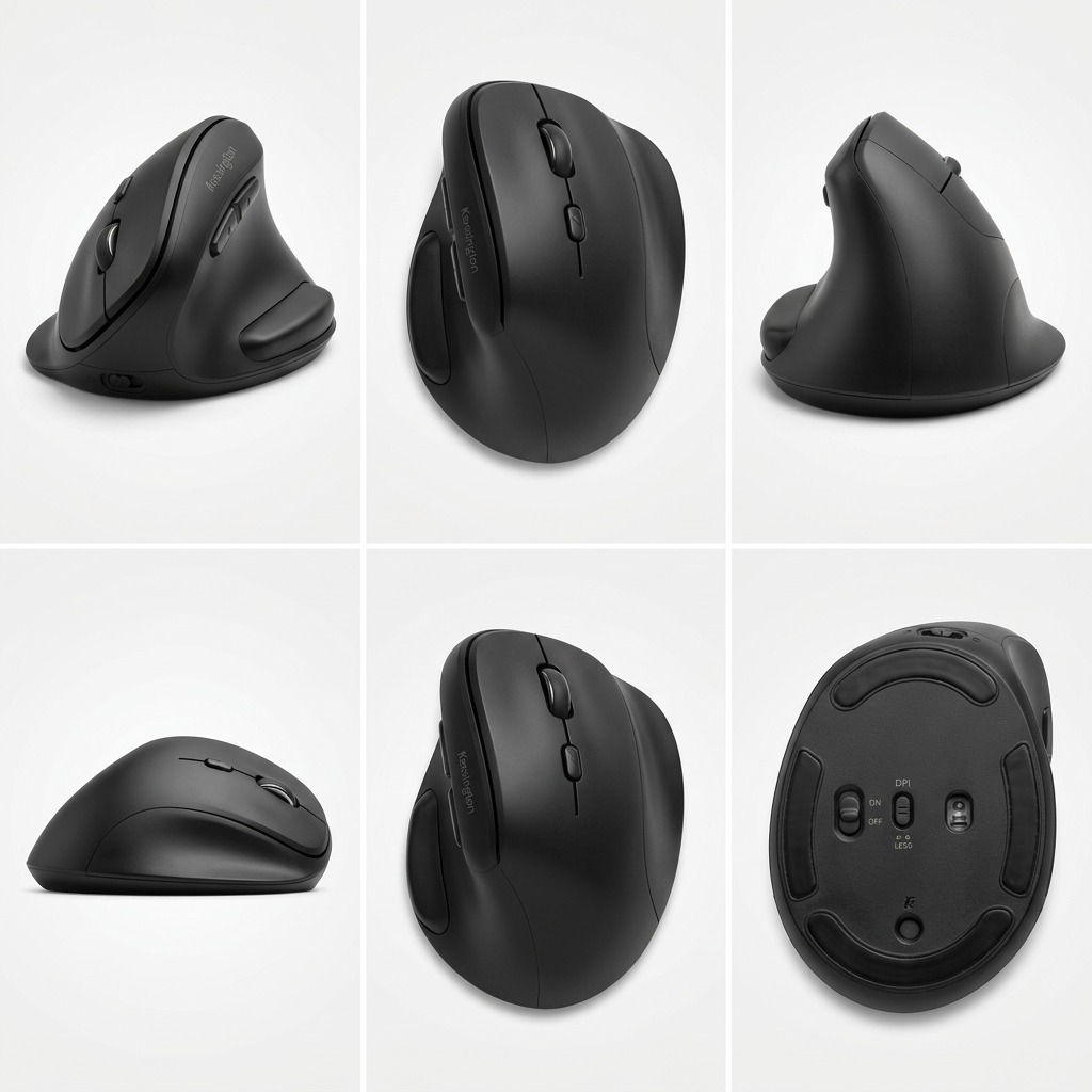 Six-panel view of the Kensington Pro Fit Ergo Left-Handed Wireless Mouse from multiple angles.