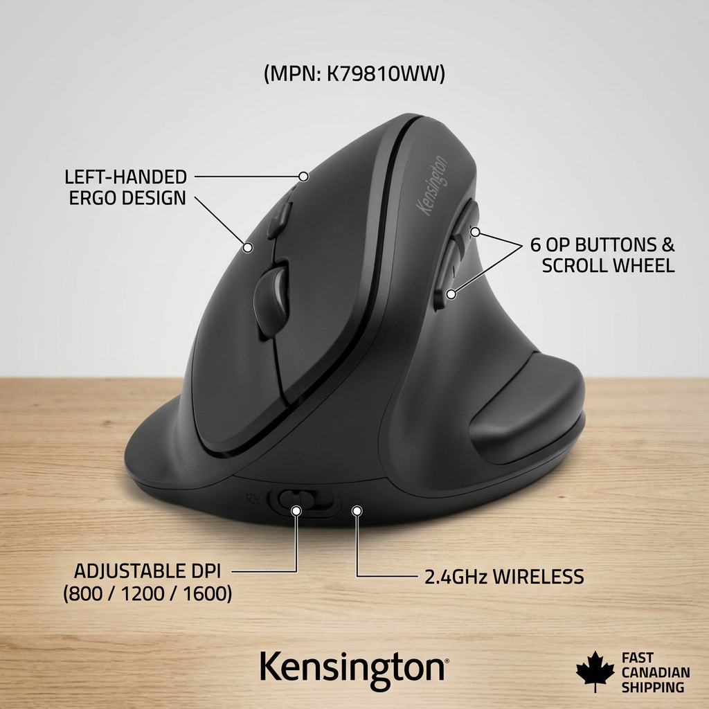 Kensington Pro Fit ergo wireless mouse for left-handed use featuring 6 buttons and adjustable DPI.