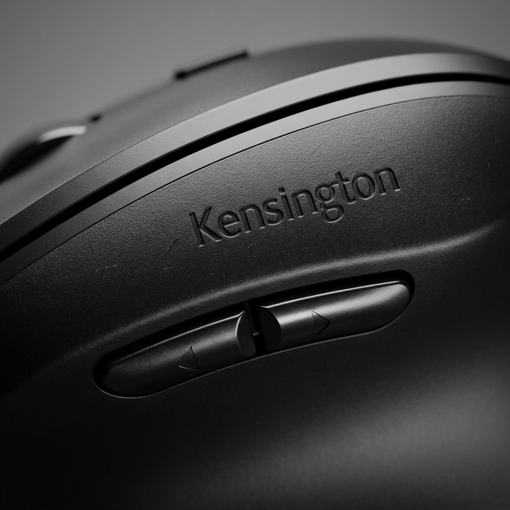 Macro detail of the Kensington Pro Fit Ergo Left-Handed mouse showing textured surface and side buttons.