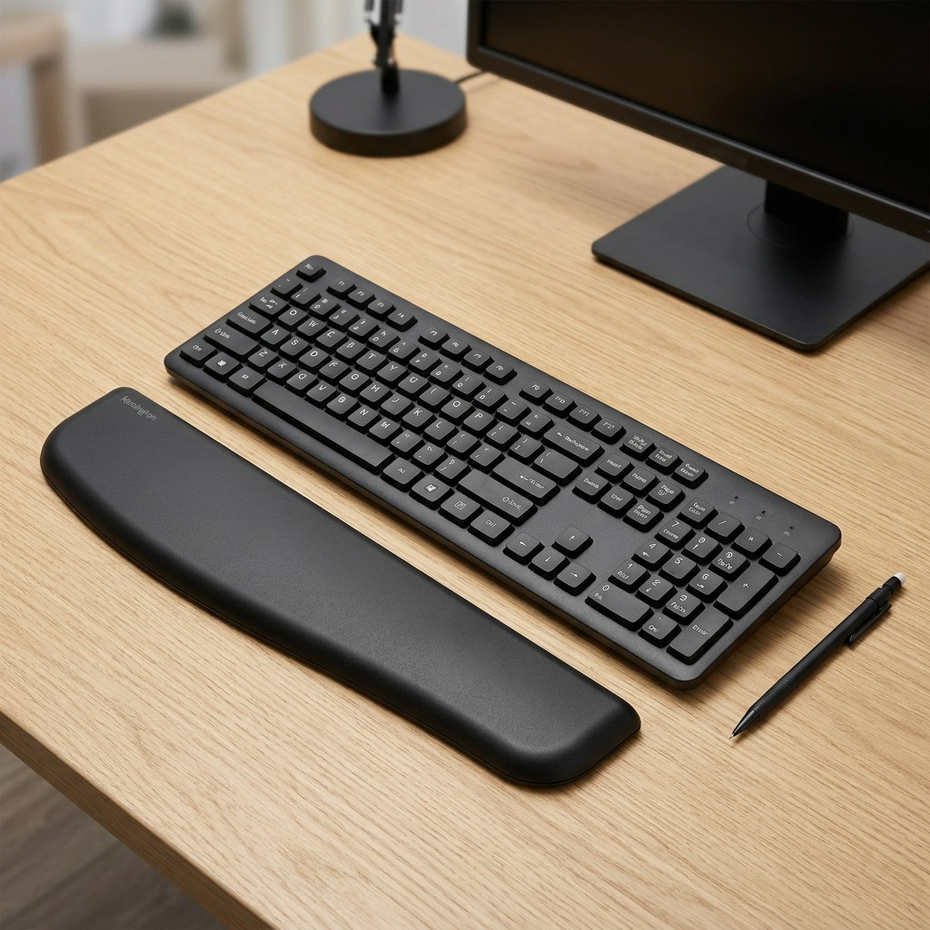 Kensington Ergosoft Full Slim Wrist Rest in black faux leather for mechanical and slim keyboards.