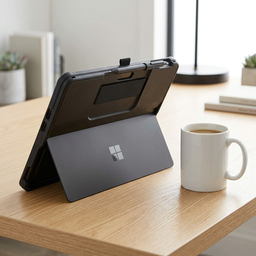 A lifestyle photograph placing the Kensington ruggadized case on a wooden desk beside a standard coffee mug.