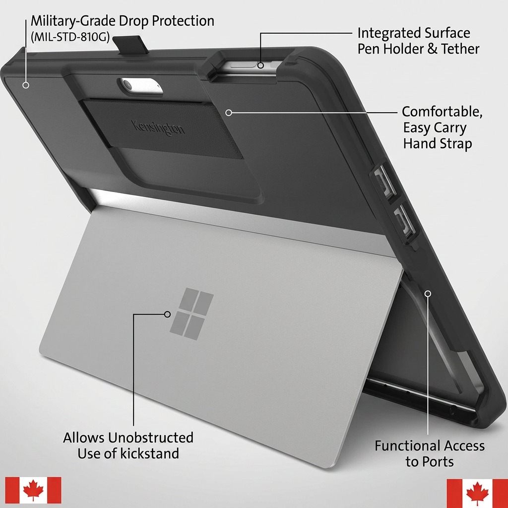 Product feature graphic highlighting the key benefits of the Kensington BlackBelt case for Surface Pro 9.