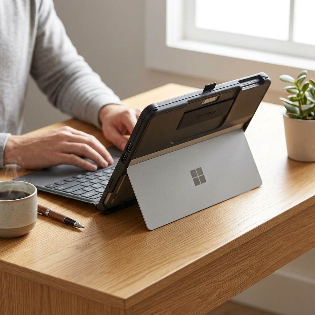 Kensington BlackBelt Surface Pro 9 Rugged Case in use at a desk with a warm coffee and pen.
