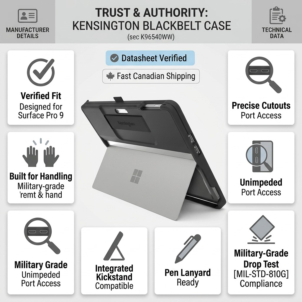 Trust and authority infographic matrix with central Surface Pro 9 BlackBelt Rugged Case.