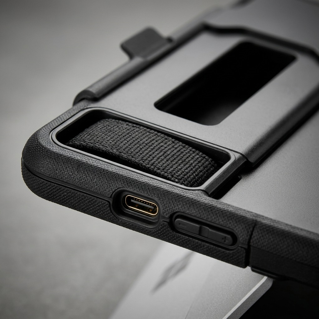 Extreme close-up of Kensington rugged black case for Surface Pro 9, focusing on the textured hand strap and precise side cutouts.