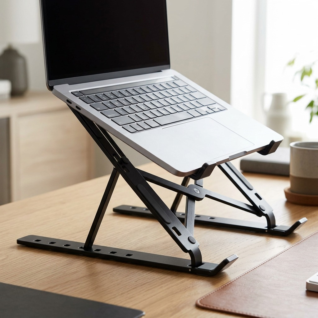 Black Kensington collapsible aluminum laptop riser supporting a silver laptop on a wooden desk.