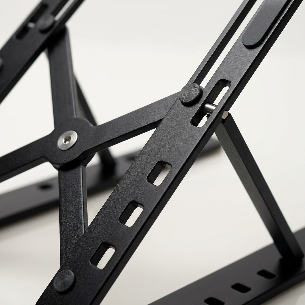 Macro detail of black Kensington Collapsible Laptop Riser showing durable aluminum joints and pins.