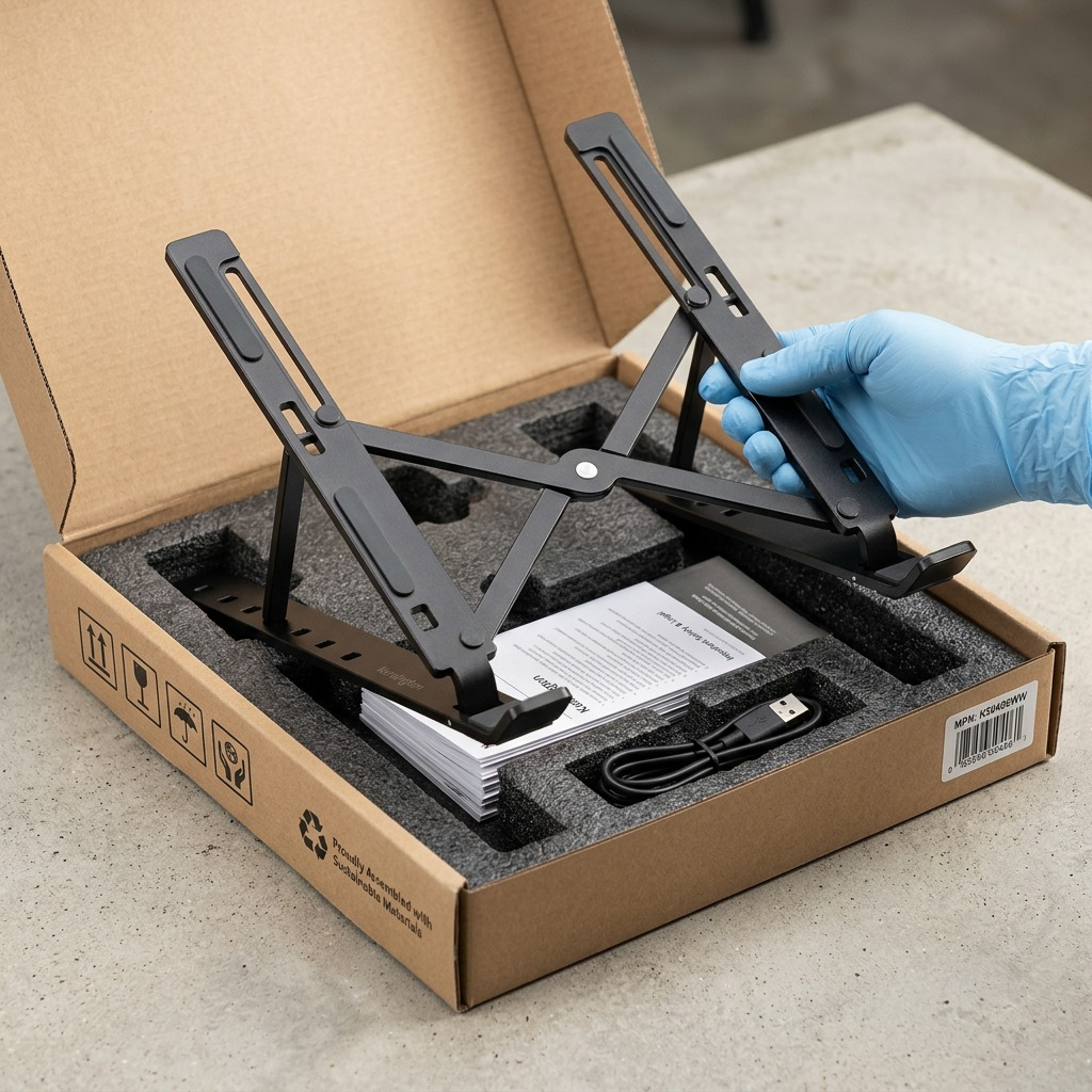 Hand lifting the Kensington black aluminum laptop riser from protective foam unboxing packaging.