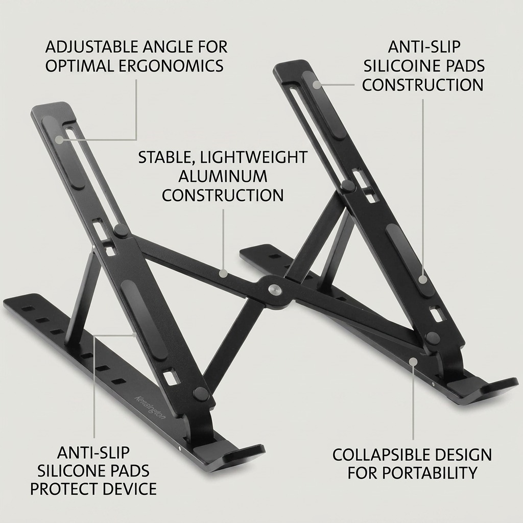 Kensington black aluminum laptop riser with callouts for adjustable angle and anti-slip pads.