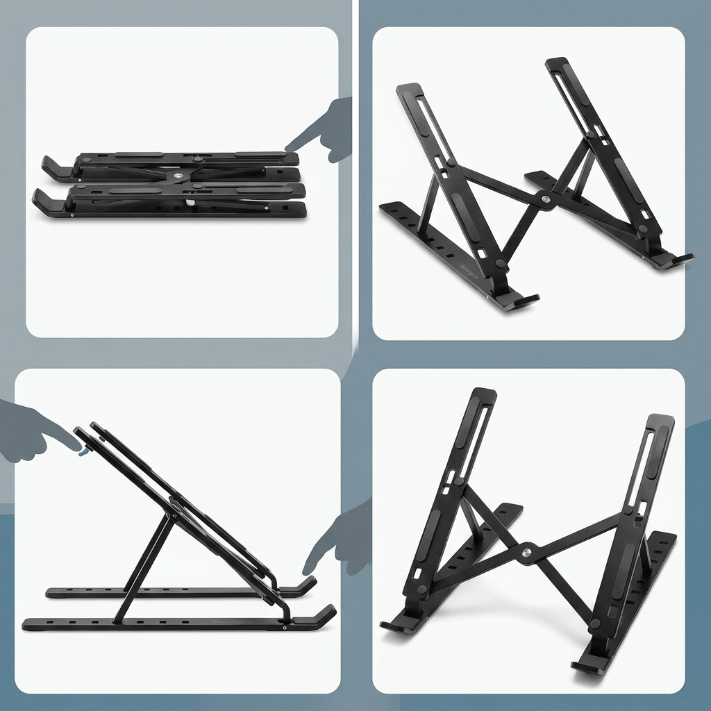 Four-panel grid showing the Kensington black aluminum laptop riser folded flat and in various open angles.