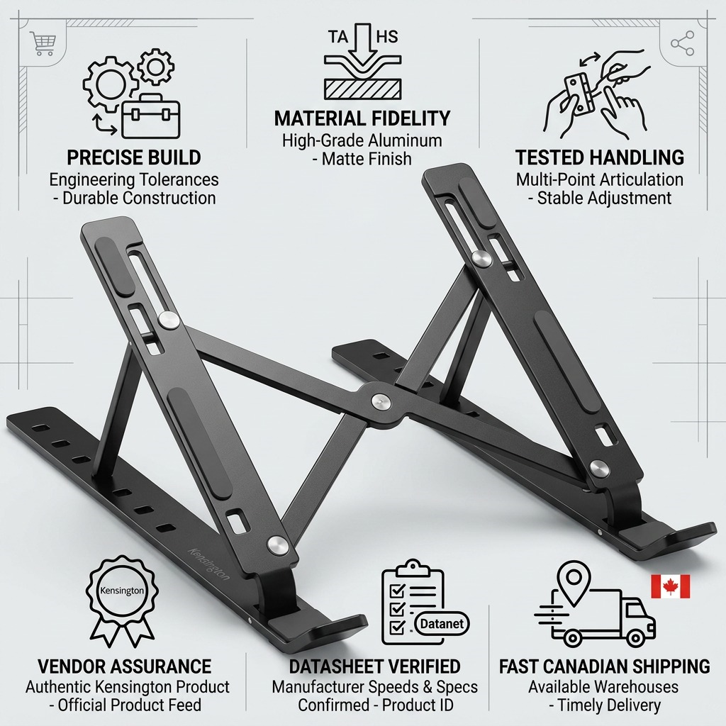 Kensington collapsible aluminum laptop riser infographic showing build quality and fast shipping.