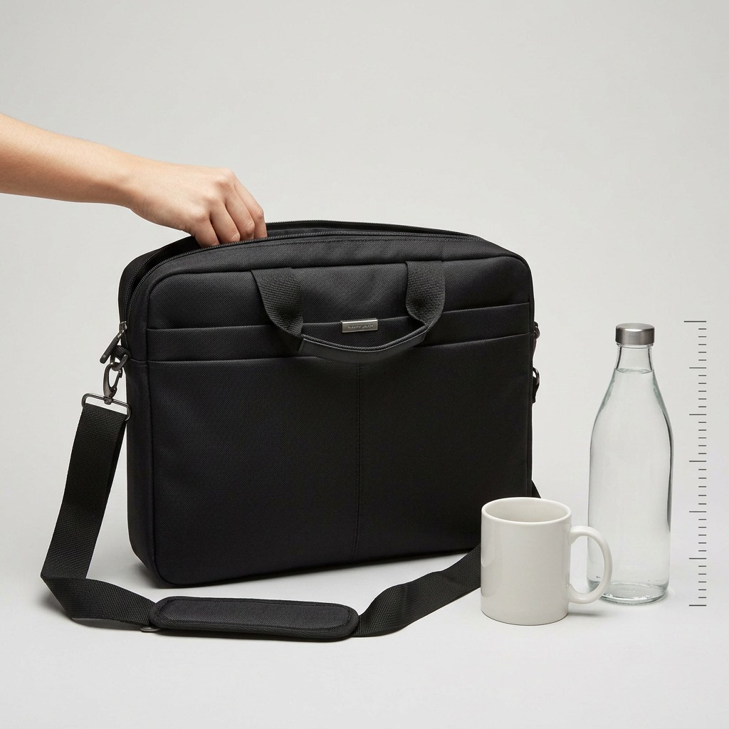 Scale reference photo of the Kensington Campus laptop bag on a work desk next to a coffee mug.