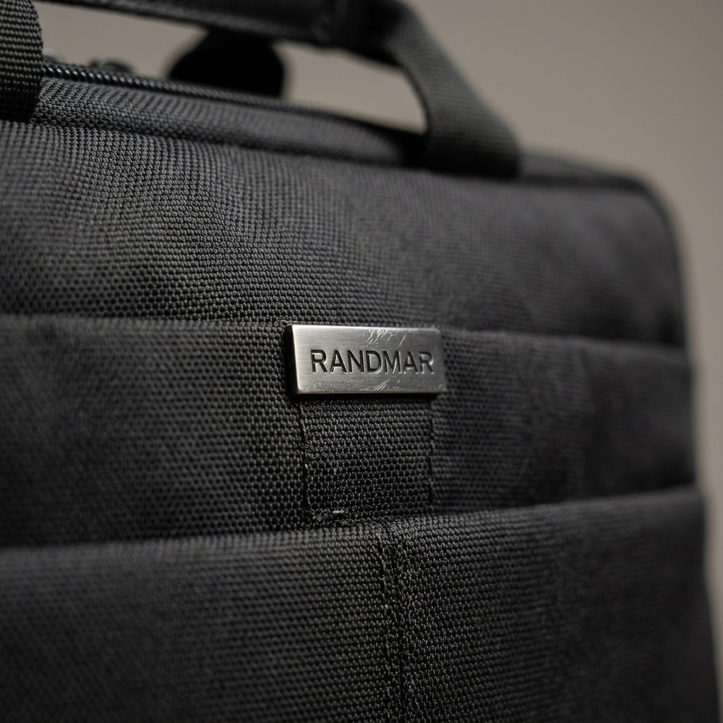Macro close-up focusing on metal logo plaque and fabric texture of black laptop bag.
