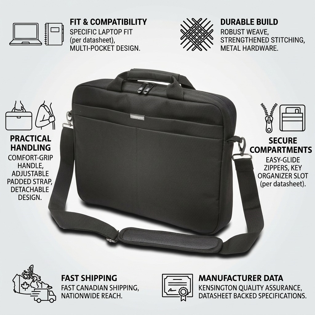An infographic for the Kensington CAMPUS COLLECTION Laptop Case from `image_0.png` showcasing build, fit, and shipping speed.