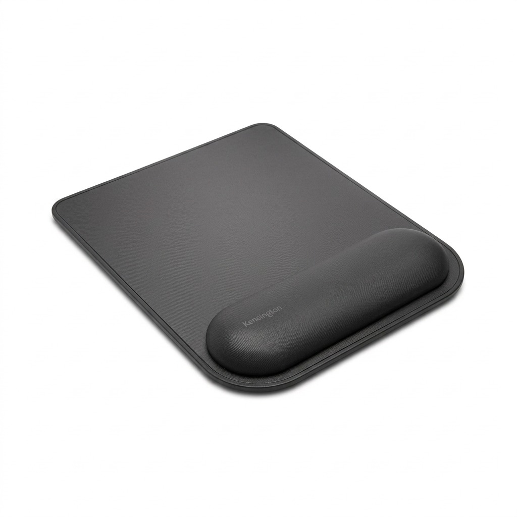 Kensington ErgoSoft black mouse pad with integrated gel-cushioned wrist rest on a white background.