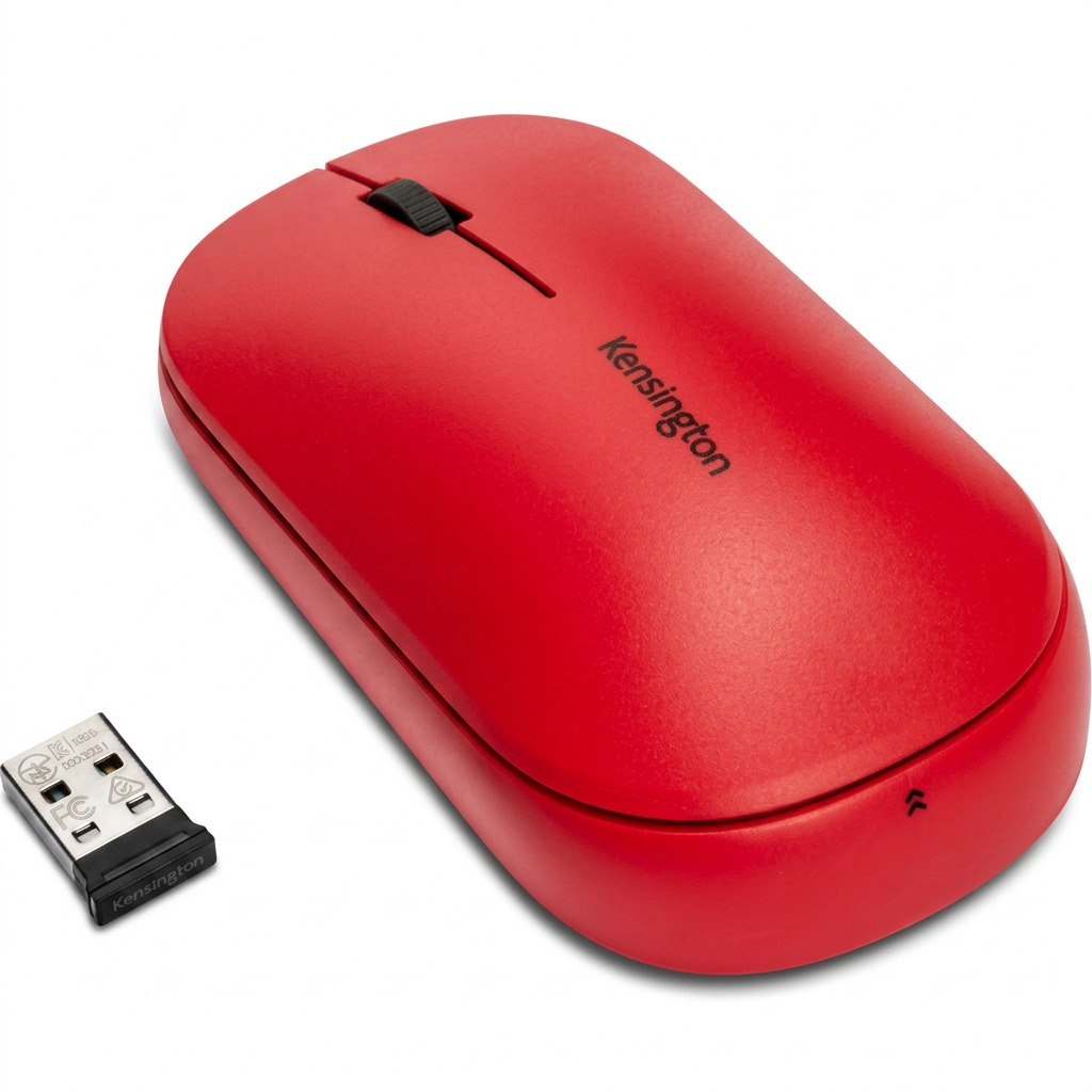 Red Kensington SureTrack Dual Wireless Mouse with scroll wheel and USB receiver on white background.