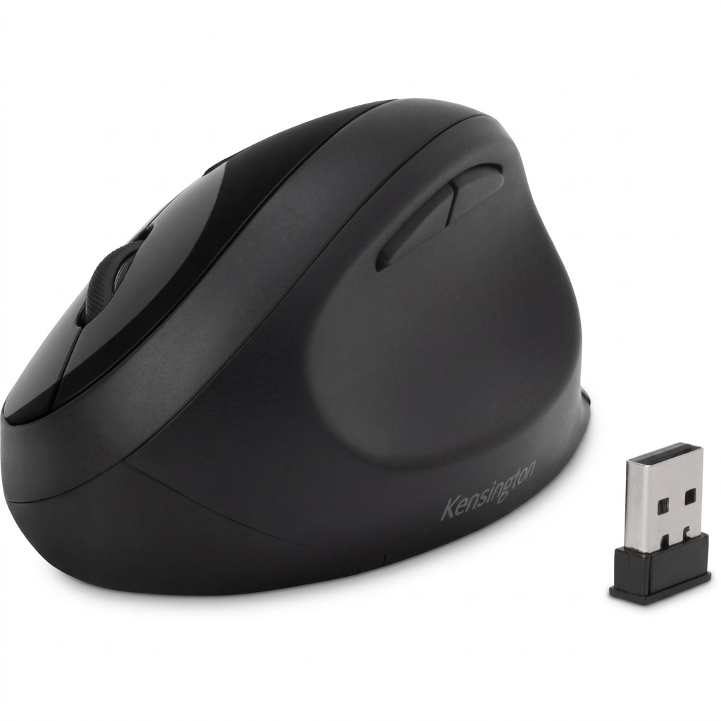 Kensington Pro Fit Ergo Wireless Mouse in black with a USB receiver and ergonomic handshake grip.