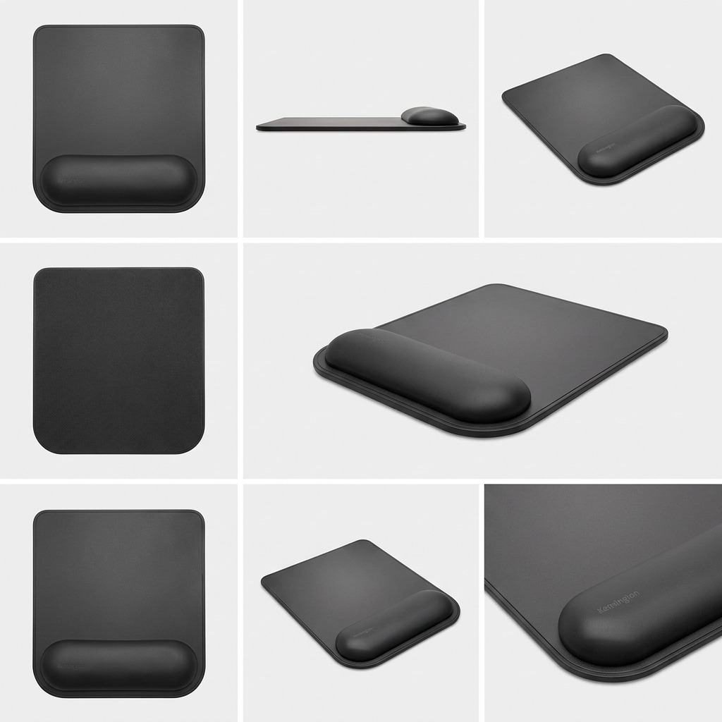 Grid of Kensington ErgoSoft Mouse Pad views showing the gel wrist rest from various angles.