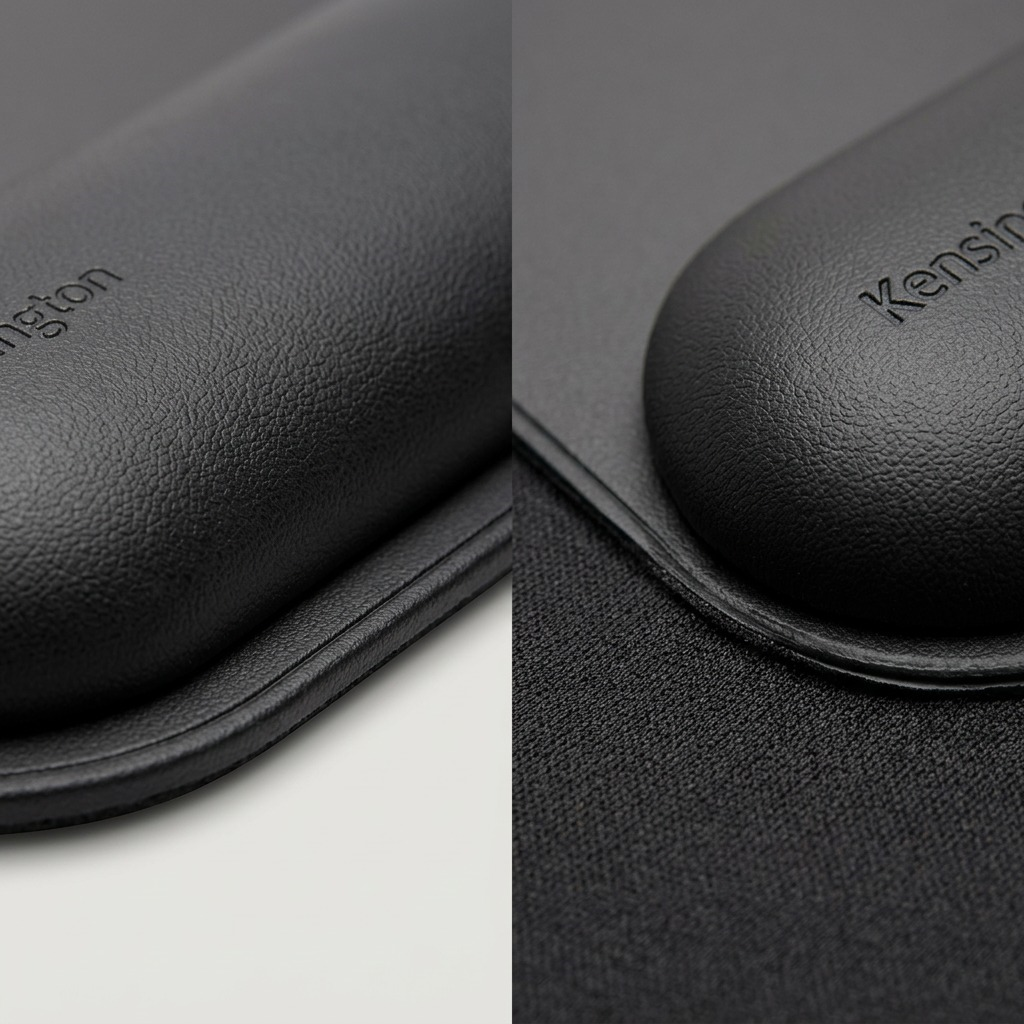 Macro detail of the Kensington ErgoSoft Mouse Pad, showing the textured faux leather wrist rest.