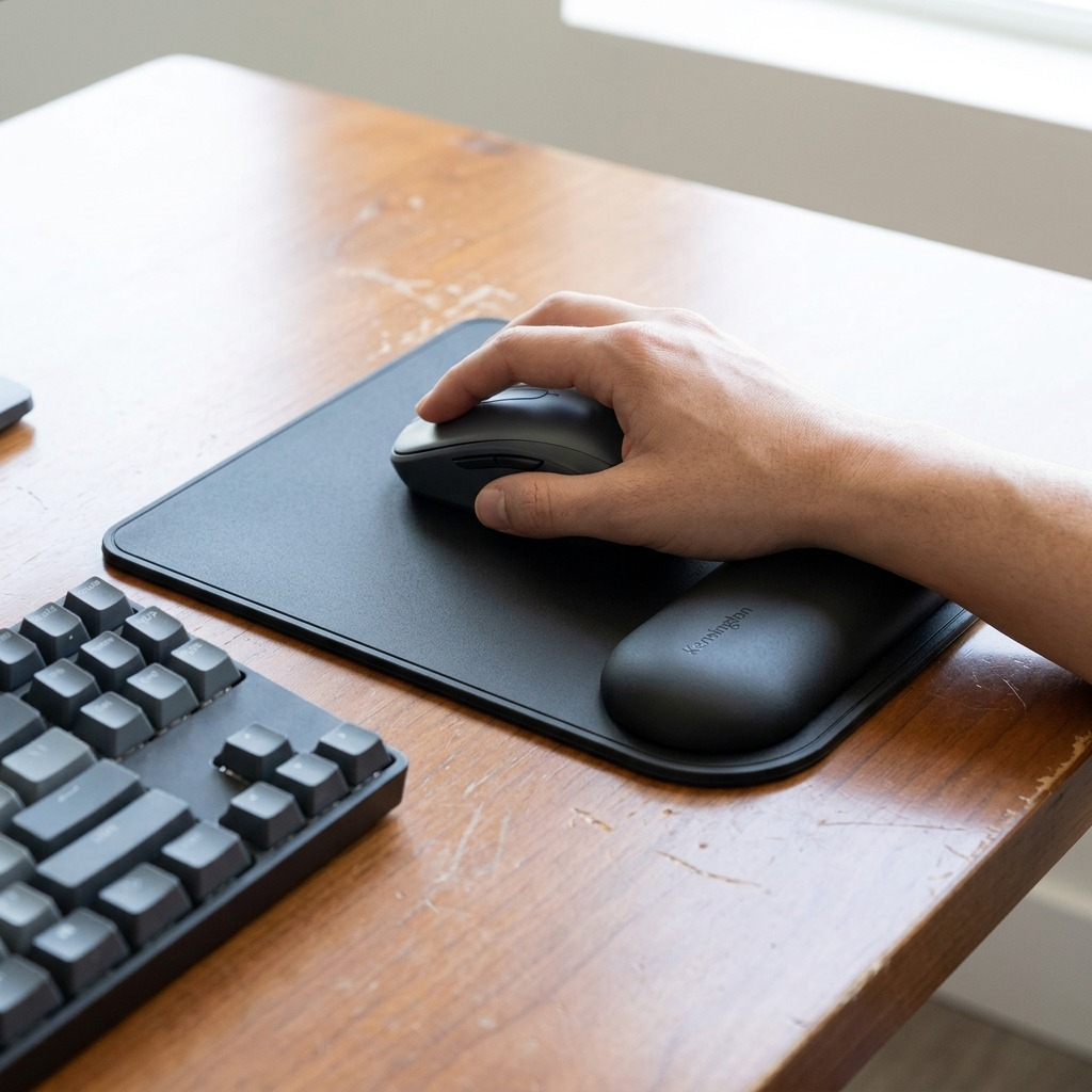 Person using a Kensington ErgoSoft Mouse Pad with gel wrist support on a wooden desk.