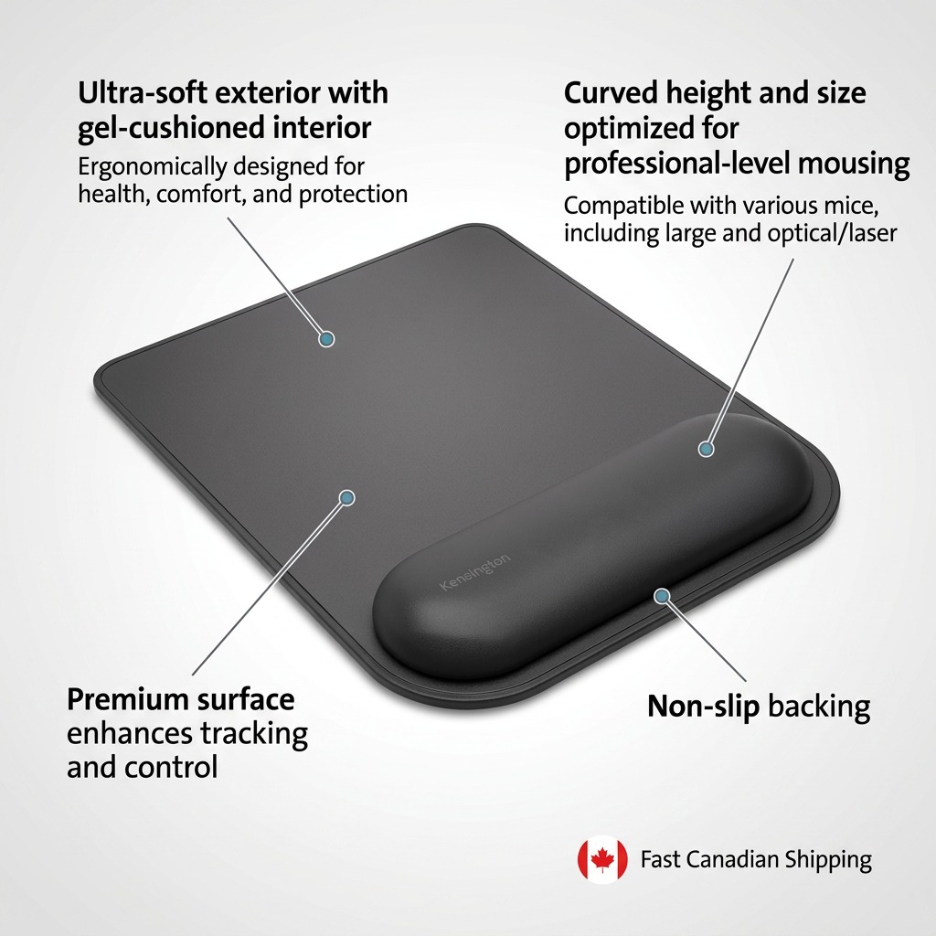 Kensington ErgoSoft Mouse Pad highlighting gel wrist support, tracking surface, and non-slip base.