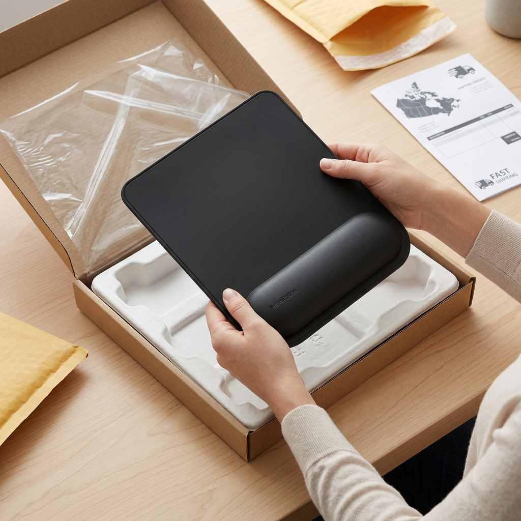 A person unboxing a black Kensington ErgoSoft Wrist Rest Mouse Pad from protective shipping packaging.