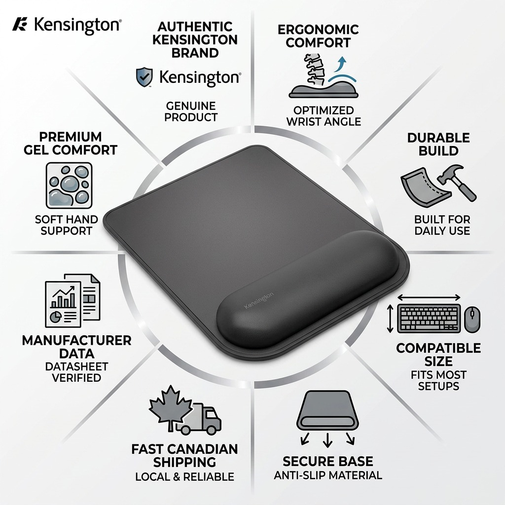 Kensington ErgoSoft Mouse Pad infographic showing ergonomic gel comfort and fast Canadian shipping.