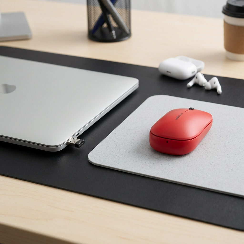 Red Kensington SureTrack Dual Wireless Mouse with scroll wheel and USB receiver on white background.