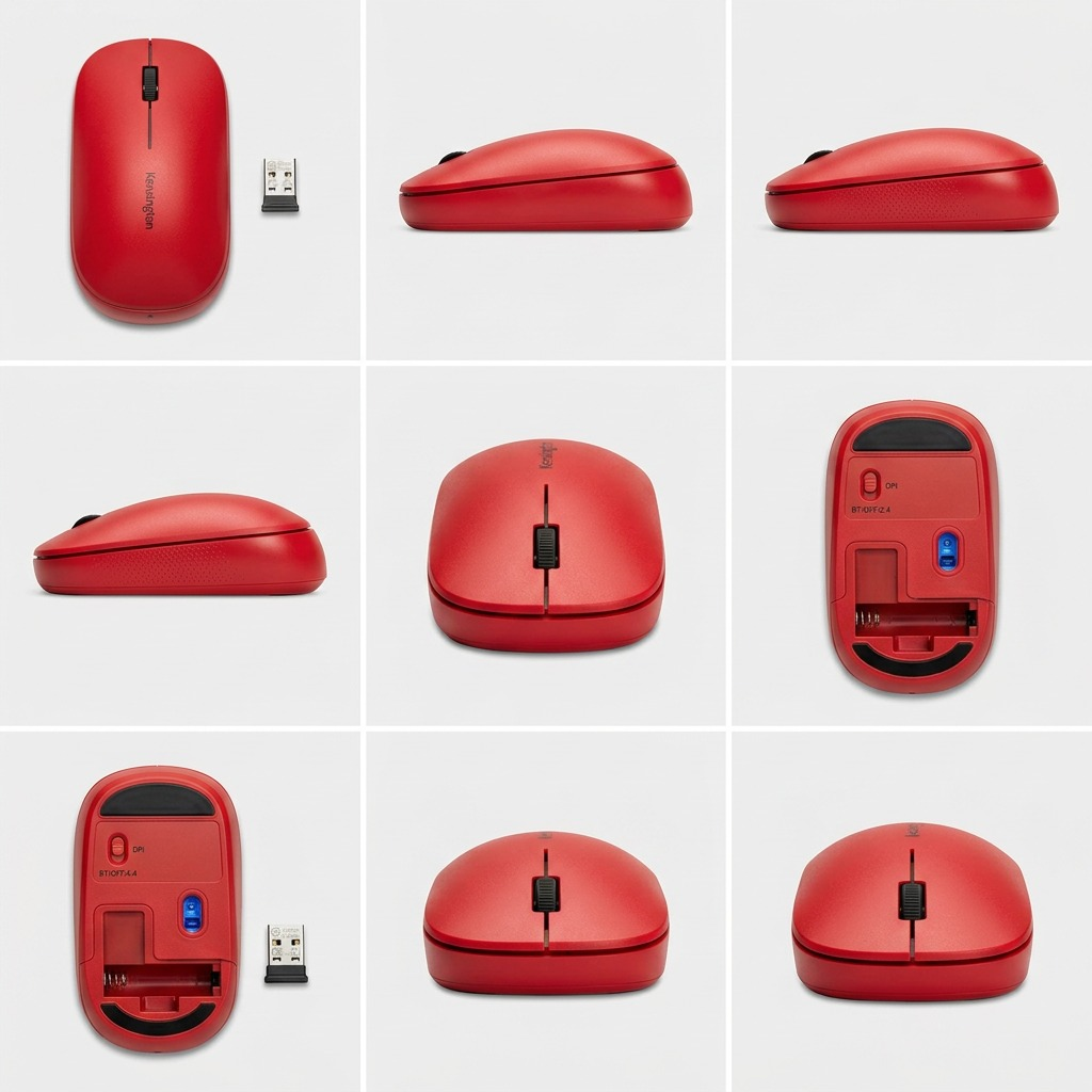 Grid showing multiple angles of the red Kensington SureTrack Dual Wireless Mouse including top, side, and bottom views.