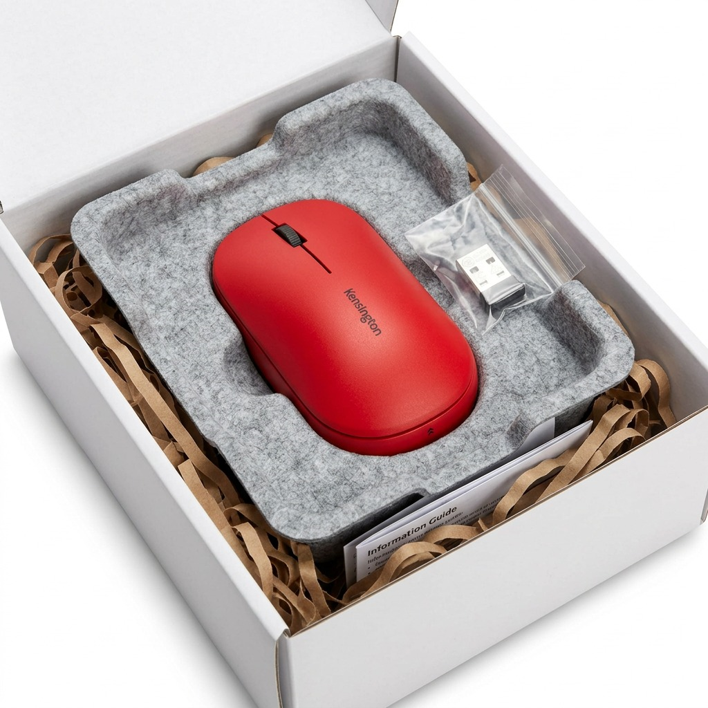 Red Kensington SureTrack Dual Wireless Mouse in secure grey protective packaging and shipping box.