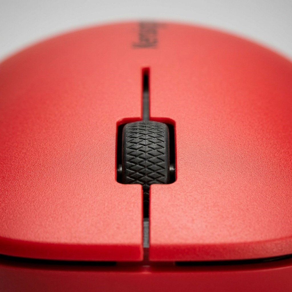Macro view of the Kensington SureTrack Red Dual Wireless Mouse textured scroll wheel and matte body.