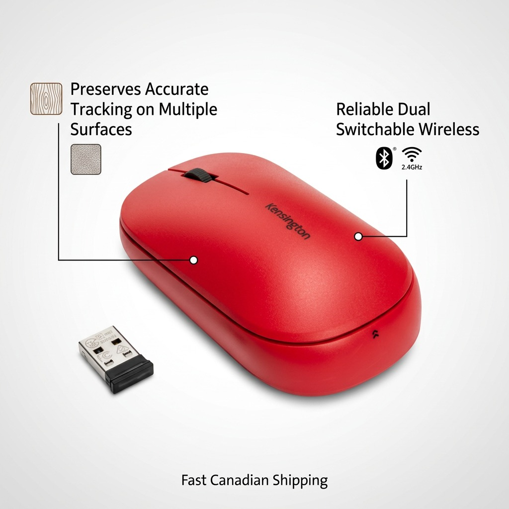 Red Kensington SureTrack Mouse featuring multi-surface tracking and dual switchable wireless.