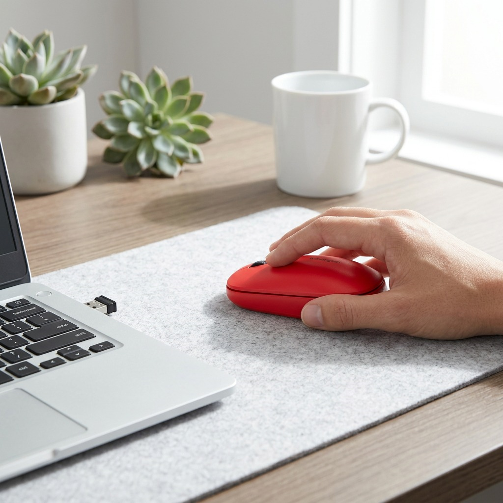Red Kensington SureTrack Dual Wireless Mouse being used by a hand on a desk next to a laptop.