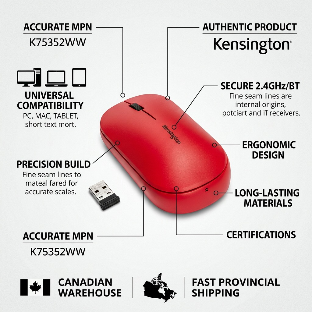 Infographic for Kensington SureTrack Dual Wireless Mouse in red, showing universal compatibility.