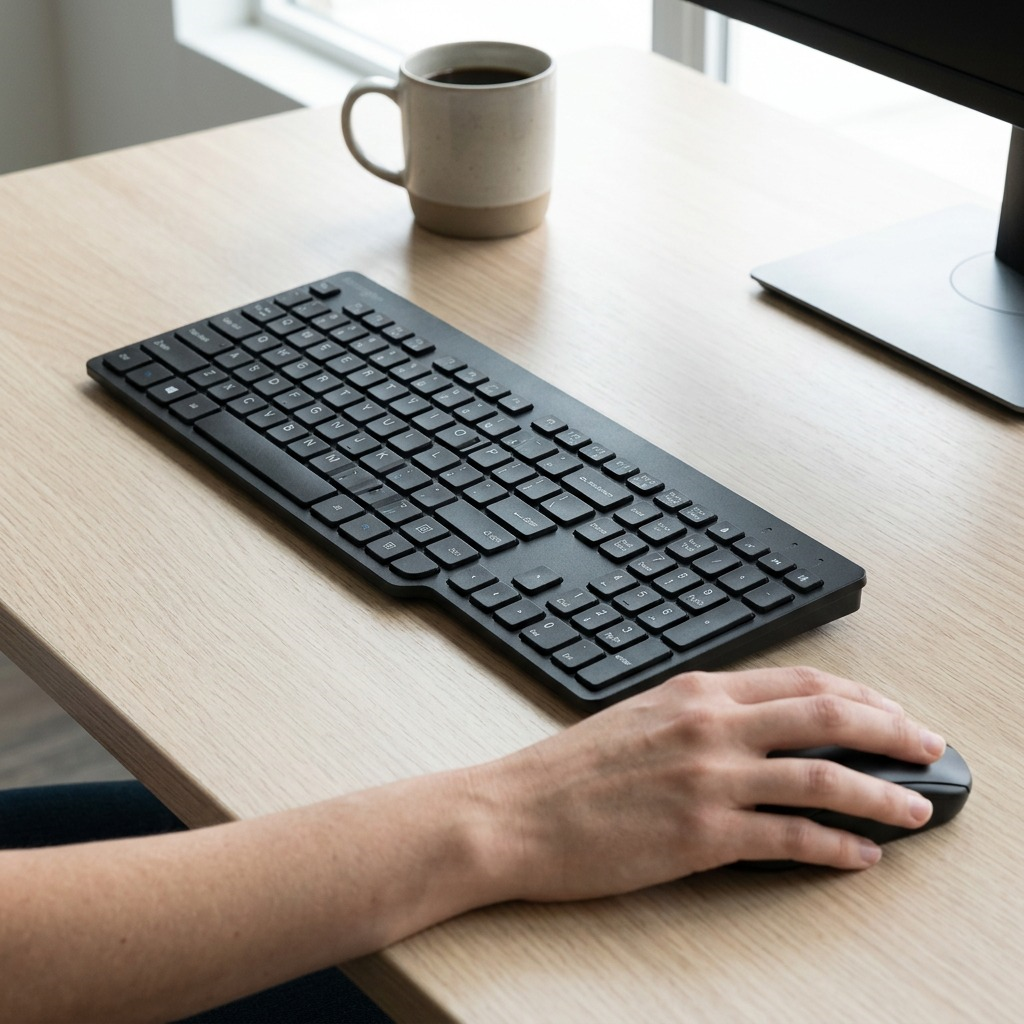 Kensington Advance Fit Slim Wireless Keyboard in a desk setup with a mouse, computer, and coffee mug.