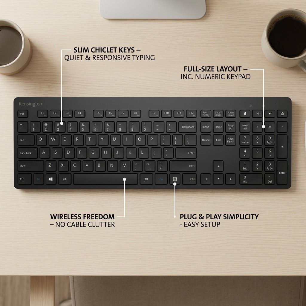 Kensington Advance Fit Slim Wireless Keyboard features calling out quiet chiclet keys and full-size layout.