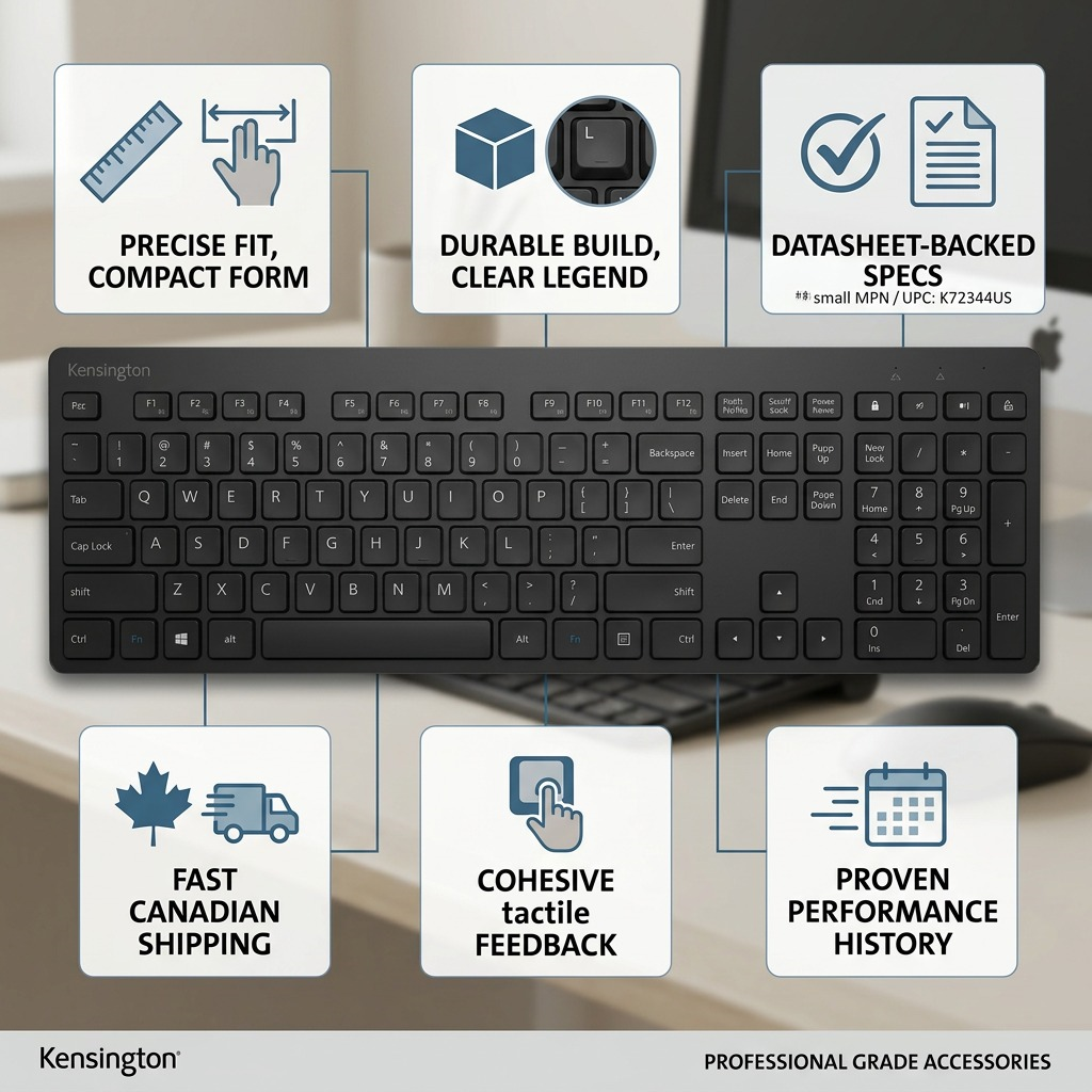 Infographic for Kensington Advance Fit Slim Wireless Keyboard highlighting its durable build, compact form, and fast Canadian shipping.