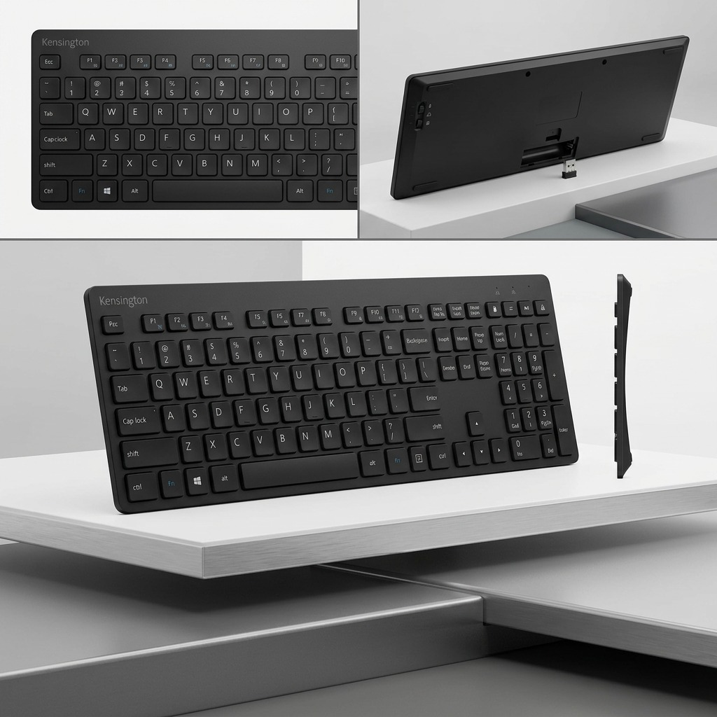 A matrix view of the black Kensington Advance Fit Slim Wireless Keyboard from multiple angles.