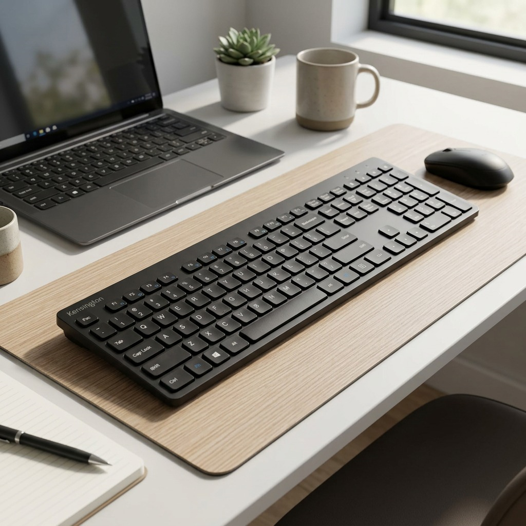 Kensington Advance Fit Slim Wireless Keyboard in a neutral home office setup on a light wood desk.