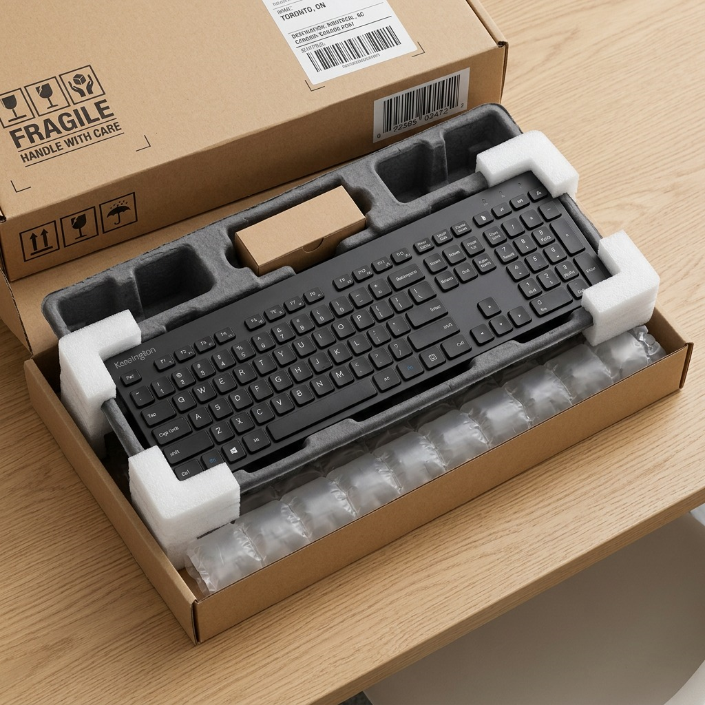Kensington Advance Fit Slim Wireless Keyboard in protective shipping box with foam and air pillows.