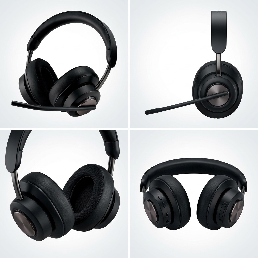 Four-panel matrix image showing multiple angles of the black Kensington H3000 Bluetooth Headset on a light grey background.