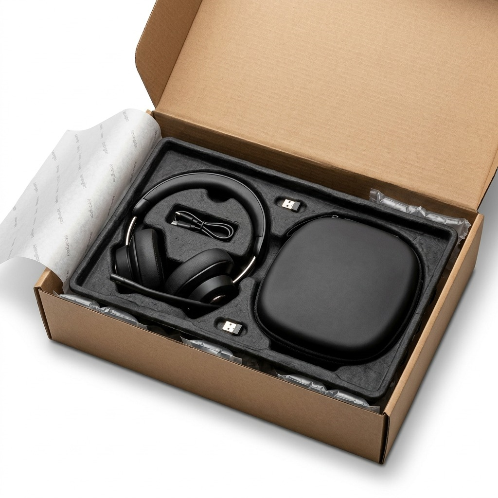 The black Kensington H3000 headset lies open on a premium, molded cardboard unboxing tray inside a protective box.