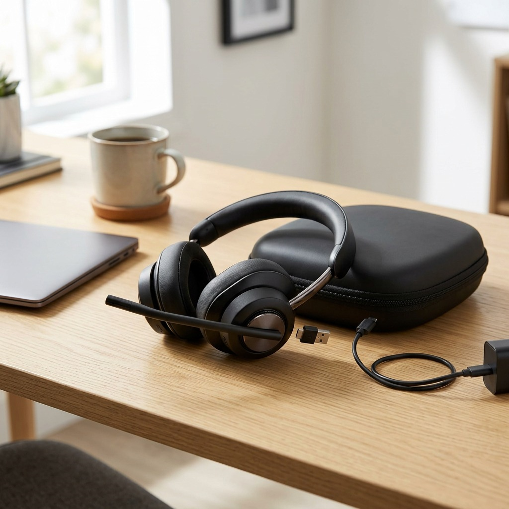 Lifestyle view of the black Kensington H3000 headset resting on a light oak desk next to its storage case, a closed laptop, and a mug, with natural light from a nearby window. All accessories are visible.