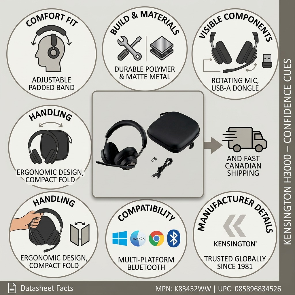 Infographic matrix for Kensington H3000 headset: icons for features, materials, components, and fast shipping.