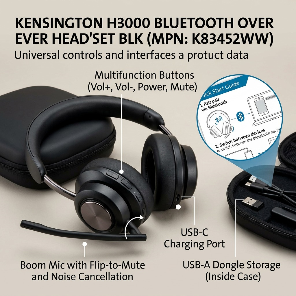 Feature infographic for Kensington H3000 BLUETOOTH OVER EAR HEADSET BLK.